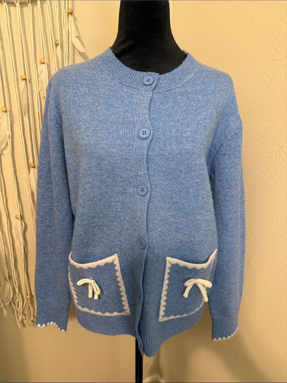 New Blue Button-Front Cardigan with White Pocket Trim